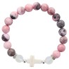 Bracelet sur elastique grains en pierre naturelle et synthetique Ø 9 mm avec croix. LOT DE 4 COULEURS ASSORTIS.