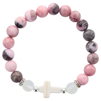Bracelet sur elastique grains en pierre naturelle et synthetique Ø 9 mm avec croix. LOT DE 4 COULEURS ASSORTIS.