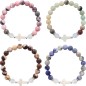 Bracelet sur elastique grains en pierre naturelle et synthetique Ø 9 mm avec croix. LOT DE 4 COULEURS ASSORTIS.