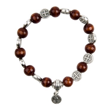 Bracelet dizainier sur elastique grains bois et medailles de saint Benoit Ø 1 cm