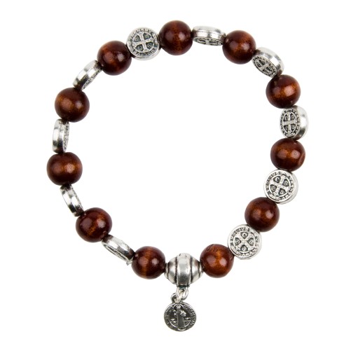 Bracelet dizainier sur elastique grains bois et medailles de saint Benoit Ø 1 cm
