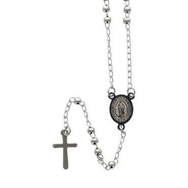 Chapelet en acier inoxydable couleur argentee, grains Ø 3 mm, croix sans Christ plus boite.