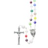 Chapelet grains cristal multicolore, Ø 5 mm sur chaine avec fermoir, croix métal. Livré en boite.