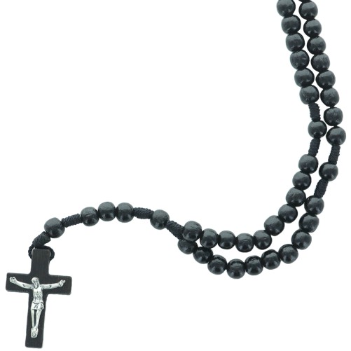 Chapelet sur corde, grains ronds noirs Ø6 mm avec fermoir, longueur jusqu’au cœur : 27 cm, croix en bois avec Christ.