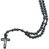 Chapelet sur corde, grains ronds noirs Ø6 mm avec fermoir, longueur jusqu’au cœur : 27 cm, croix en bois avec Christ.