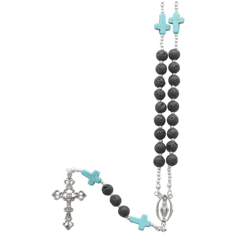 COLLIER grains pierre de lave sur cable Ø 8 mm et pater croix imitation turquoise, croix et coeur en metal