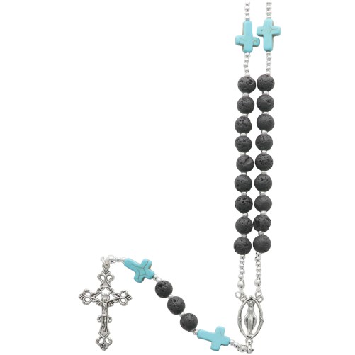 COLLIER grains pierre de lave sur cable Ø 8 mm et pater croix imitation turquoise, croix et coeur en metal