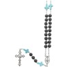 COLLIER grains pierre de lave sur cable Ø 8 mm et pater croix imitation turquoise, croix et coeur en metal