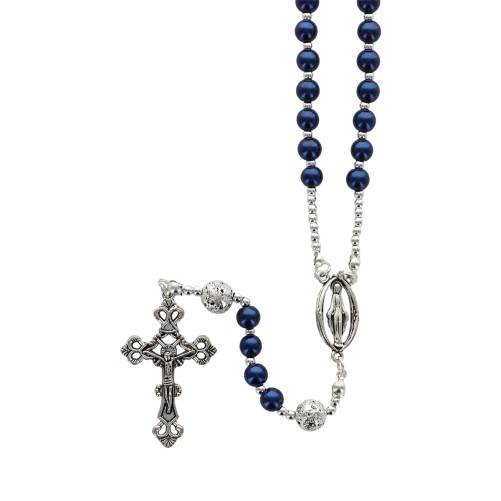 COLLIER grains en verre bleu sur cable Ø 5 mm, pater en pierre de lave galvanise de couleur argente avec croix et coeur en metal