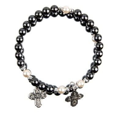 Bracelet chapelet a ressort grains hématite Ø 6 mm avec croix métal