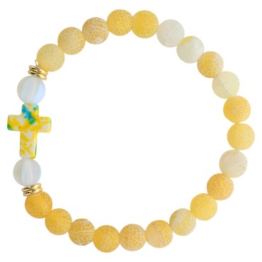 Bracelet sur elastique grains givres en pierre de lune synthetique et agate naturelle Ø 8 mm avec croix LOT DE 5