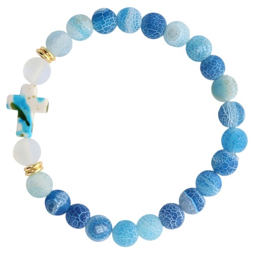 Bracelet sur elastique grains givres en pierre de lune synthetique et agate naturelle Ø 8 mm avec croix LOT DE 5