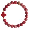 Bracelet sur elastique grains rond en pierre naturelle Ø 9 mm, avec croix. LOT DE 5 ASSORTIS.