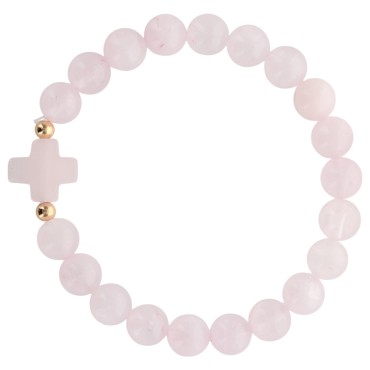 Bracelet sur elastique grains rond en pierre naturelle Ø 9 mm, avec croix. LOT DE 5 ASSORTIS.