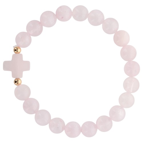 Bracelet sur elastique grains rond en pierre naturelle Ø 9 mm, avec croix. LOT DE 5 ASSORTIS.