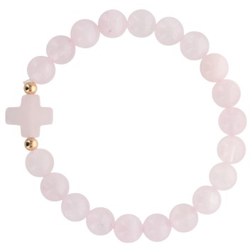 Bracelet sur elastique grains rond en pierre naturelle Ø 9 mm, avec croix. LOT DE 5 ASSORTIS.