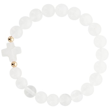 Bracelet sur elastique grains rond en pierre naturelle Ø 9 mm, avec croix. LOT DE 5 ASSORTIS.