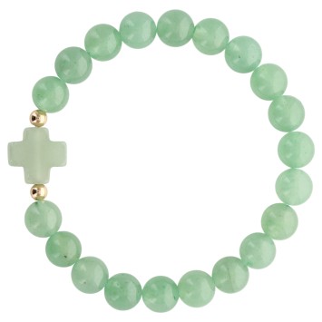 Bracelet sur elastique grains rond en pierre naturelle Ø 9 mm, avec croix. LOT DE 5 ASSORTIS.