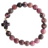 Bracelet sur elastique grains rond en pierre naturelle Ø 9 mm, avec croix. LOT DE 5 ASSORTIS.
