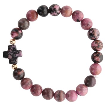 Bracelet sur elastique grains rond en pierre naturelle Ø 9 mm, avec croix. LOT DE 5 ASSORTIS.