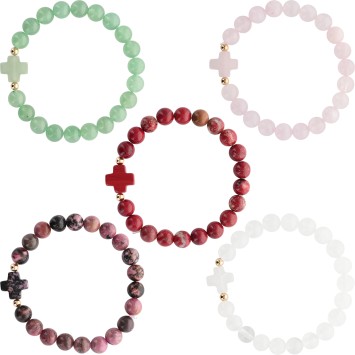 Bracelet sur elastique grains rond en pierre naturelle Ø 9 mm, avec croix. LOT DE 5 ASSORTIS.