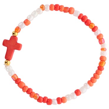 Bracelet enfant sur elastique grains en turquoise synthetique et en verre Ø 4 mm, avec croix. LOT DE 6 ASSORTIS.