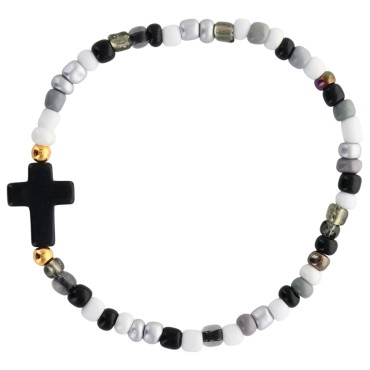 Bracelet enfant sur elastique grains en turquoise synthetique et en verre Ø 4 mm, avec croix. LOT DE 6 ASSORTIS.