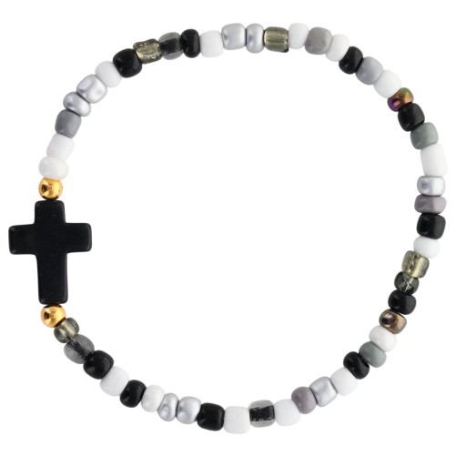 Bracelet enfant sur elastique grains en turquoise synthetique et en verre Ø 4 mm, avec croix. LOT DE 6 ASSORTIS.