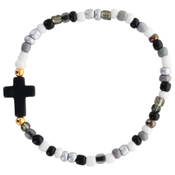 Bracelet enfant sur elastique grains en turquoise synthetique et en verre Ø 4 mm, avec croix. LOT DE 6 ASSORTIS.