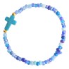 Bracelet enfant sur elastique grains en turquoise synthetique et en verre Ø 4 mm, avec croix. LOT DE 6 ASSORTIS.