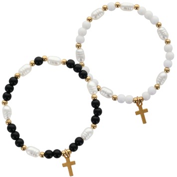 Bracelet sur elastique avec grains ovales en acrylique et grains ronds, agremente d une croix en metal doree. LOT DE 2
