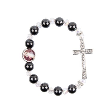 Bracelet dizainier sur élastique grains en hématite Ø 8 mm avec croix strass, à personnaliser avec une résine.
