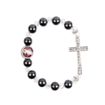 Bracelet dizainier sur élastique grains en hématite Ø 8 mm avec croix strass, à personnaliser avec une résine.