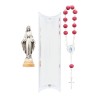 Statue en metal sur socle bois rond, H. 6 cm, en coffret avec dizainier. Plusieurs saints.