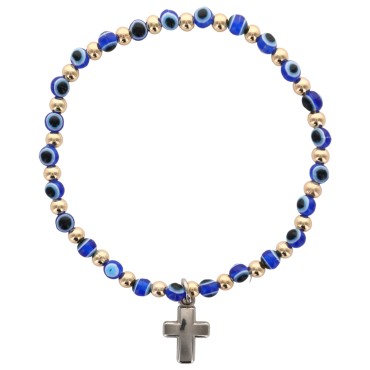 Bracelet avec grains ronds en verre de couleur bleue Ø 4 mm et croix en metal.