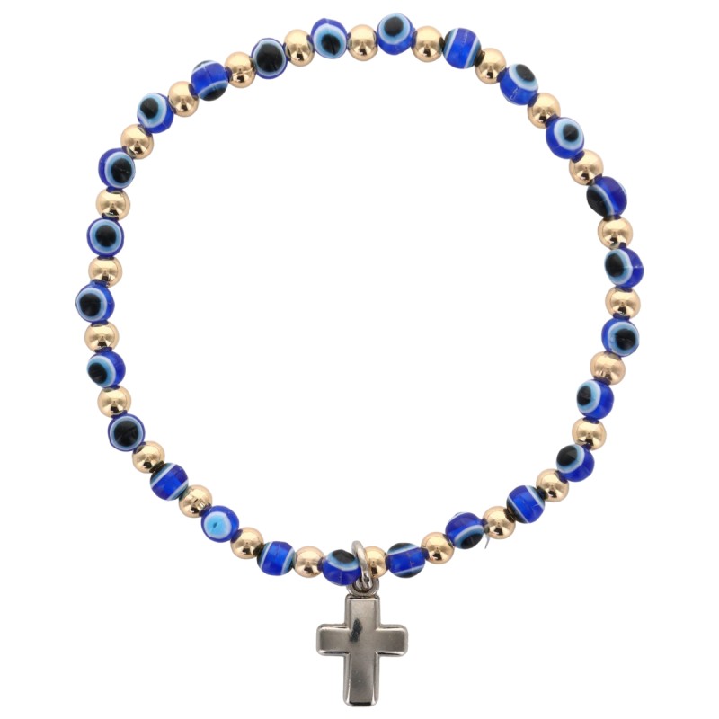 Bracelet avec grains ronds en verre de couleur bleue Ø 4 mm et croix en metal.