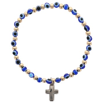 Bracelet avec grains ronds en verre de couleur bleue Ø 4 mm et croix en metal.