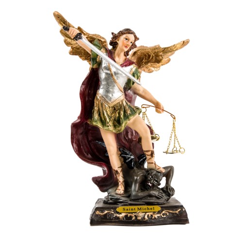 Statue r-eacute-sine peinte -agrave- la main de St Michel avec balance de la justice Hauteur 40 cm
