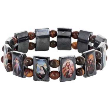 Bracelet sur élastique des saints images vernies grains en hématite forme rectangle et grains rond œil de tigre H. 1,8 cm