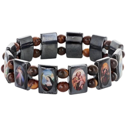 Bracelet sur élastique des saints images vernies grains en hématite forme rectangle et grains rond œil de tigre H. 1,8 cm