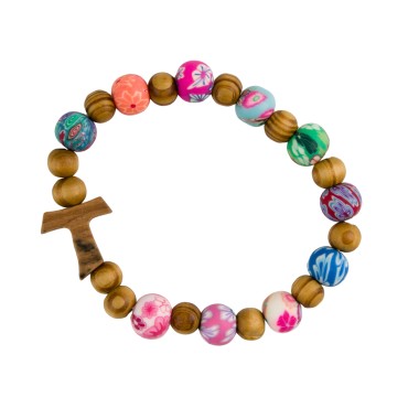 Bracelet dizainier sur élastique grains gomme et bois d olivier Ø 9 mm, avec croix de taux.