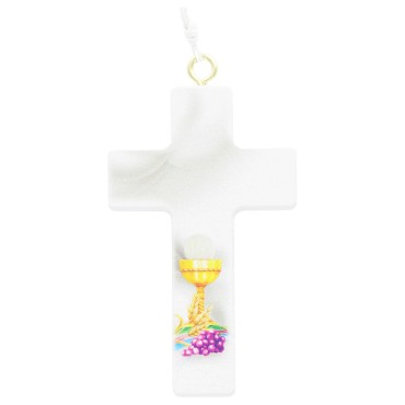 Ensemble de communion croix H. 7 cm, chapelet grains nacrés, Ø 5 mm chaine couleur argentée dans boite.