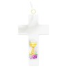 Ensemble de communion croix H. 7 cm, chapelet grains nacrés, Ø 5 mm chaine couleur argentée dans boite.