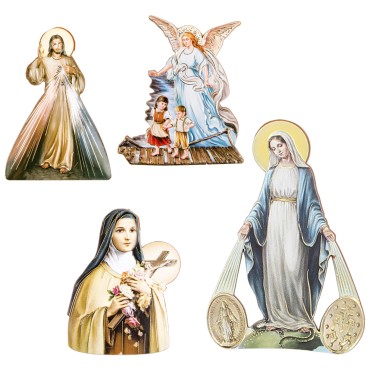 Magnet ou support a poser en bois image collée forme silhouette H. 7 cm, plusieurs saints.