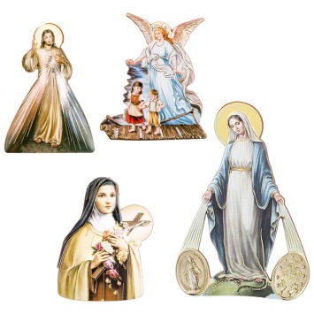 Magnet ou support a poser en bois image collée forme silhouette H. 7 cm, plusieurs saints.