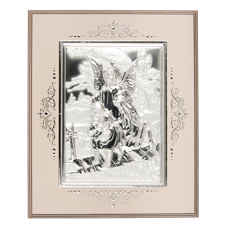 Cadre en bois decore et peint en beige a suspendre ou a poser H. 10,3 x 8,5 cm sujet en argent, plusieurs modeles.