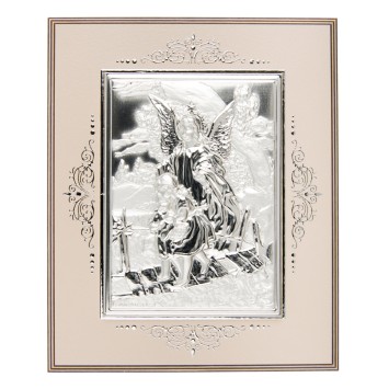 Cadre en bois decore et peint en beige a suspendre ou a poser H. 10,3 x 8,5 cm sujet en argent, plusieurs modeles.