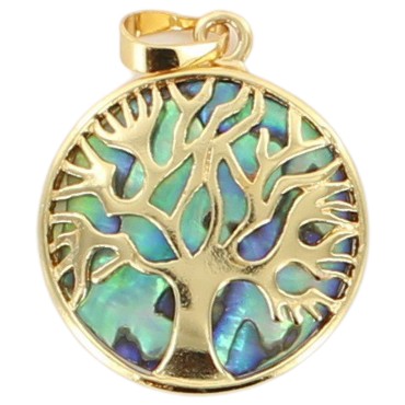 Pendentif arbre de vie metal couleur doree fond en coquille d´ormeau Ø 2,6 cm. Livre en boite.