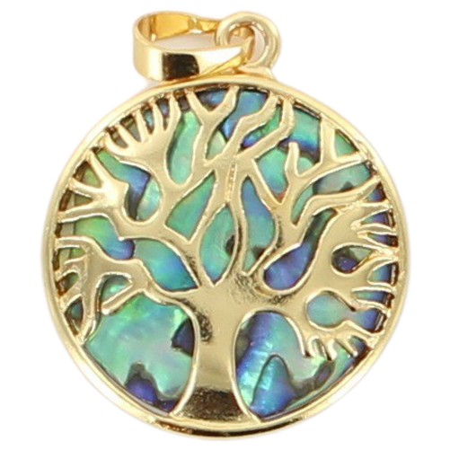 Pendentif arbre de vie metal couleur doree fond en coquille d´ormeau Ø 2,6 cm. Livre en boite.