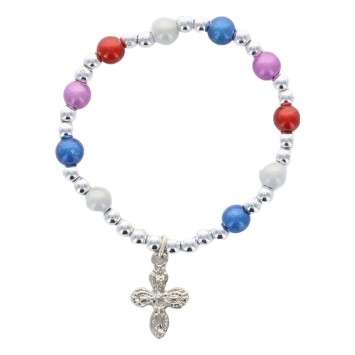 Bracelet dizainier sur elastique pour enfant avec grains saturne multicolore Ø 6 mm avec croix metal ou medaille